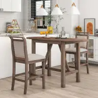 Red Barrel Studio 3-Piece Wood Counter Height Drop Leaf Dining Table Set with 2 Upholstered Dining Chairs, White+Gray