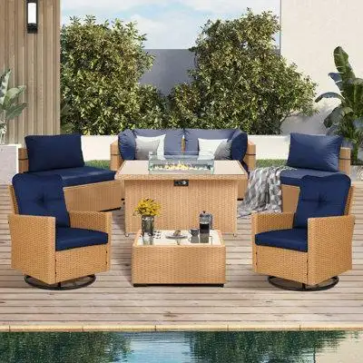 Latitude Run® 8-Piece Beige Wicker Patio Fire Pit Conversation Set with Swivel Chairs, Navyblue Cushions