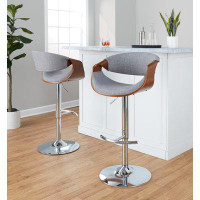 George Oliver Kennyth Mid-Century Modern Adjustable Barstool With Swivel In Chrome Metal, Walnut Wood And Light Grey Fab