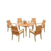 Teak Smith Grade-A Teak Dining Set: 52" Round Table And 6 Algrave Stacking Arm Chairs