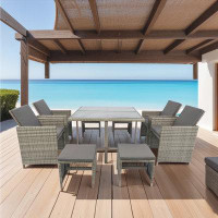 Red Barrel Studio 9 Pieces Patio Dining Sets Outdoor Space Saving Rattan Chairs with Glass Table