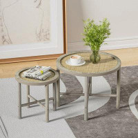 Ebern Designs Round Nesting Coffee Tables Set Of 2 With Natural Rattan, Mid-Century Wood End Table Rustic Accent Side Ta