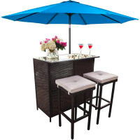 Latitude Run® Outdoor Bar Set 3-Piece Rattan Wicker Patio Furniture, Glass Bar And Two Stools With Cushions And 10 FT Pa