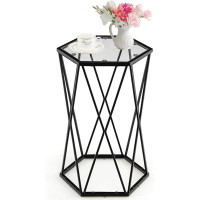 Latitude Run® Latitude Run® Glass End Table, Hexagon Side Table W/Metal Frame, Small Coffee Accent Table For Small Space