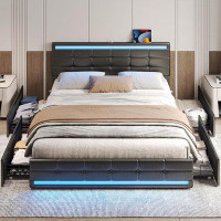 Ivy Bronx Queen Bed Frame With Led Lights Leather Platform Bed With Storage Drawers And Charging Station, Upholstered Le