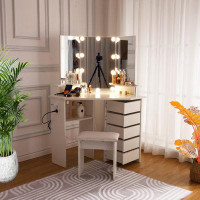 Ebern Designs Vanity Desk With Lights Power Outlet Corner Vanity Table 5 Rotating Drawers