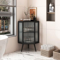 George Oliver 22.25 " Floor Coner Cabinet With Tempered Glass Door & Storage Shelves For Bathroom, Living Room, Bedroom