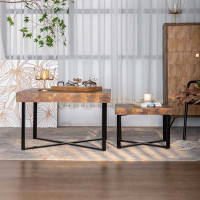 17 Stories 31.3"Modern Retro Splicing Square Coffee Table , Fir Wood Table Top With Cross Legs Metal Base (Two-Piece Set