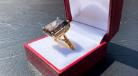 #307 - 10kt Yellow Gold, 7.11ct Emerald Cut Smoky Quartz, High Set Ring, Size 9