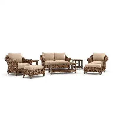 Winston Cayman Loveseat, Stationary Lounge Chair, Coffee Table, Ottoman and Side Table 8 Piece Rattan Seating Group with