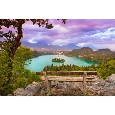 Bring the tranquillity of Slovenia's Lake Bled home. This captivating landscape art featuring vibran...