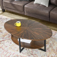 Latitude Run® Solid Wood Oval Coffee Table, Crossed Metal Legs, With Storage Rack, Open Cocktail Table, Living Room Bedr