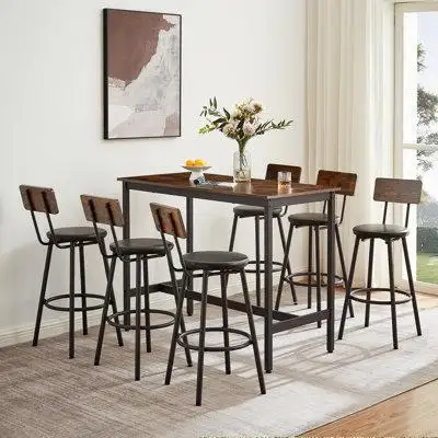 Williston Forge Industrial Style Pub High Dining Table 7-Piece Set with 6 PU Leather Bar Chairs