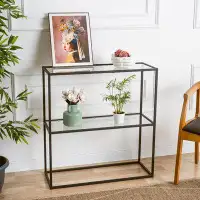 Ebern Designs Berra Glass Console Table, 31.5” Black Entryway Table With Storage, 2 Tier Sofa Table, Hallway Table For E