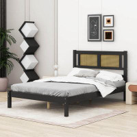 Latitude Run® Full Size Wooden Platform Bed With Natural Rattan Headboard