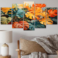 Design Art Orange Green Tropical Plants III - Tropical Wall Art Print - 5 Panels