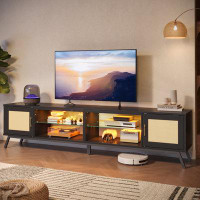 Bay Isle Home™ Alwies 80'' Rattan Black TV Stand for TVs up to 85", Boho LED TV Console with Adjustable Shelves