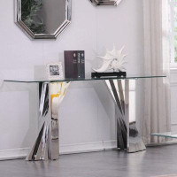 Gracie Oaks 50 Inch Clear Glass Console Table Sofa Table With Silver Geometric Base