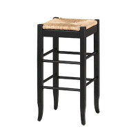 Winston Porter Rush Woven Wooden Frame Barstool With Sabre Legs, Beige And Black