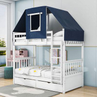 Harper Orchard Calandre Twin Over Twin Wood Bunk Bed Wood Bed With Tent, Ladder And 2 Drawers