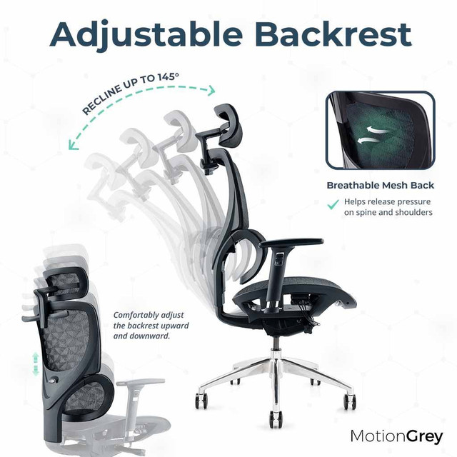 8 of 10 MotionGrey Space Mesh Executive Ergonomic Desk Chair with Adjustable Headrest and Backrest Swivel Task Home Chai in Chairs & Recliners - Image 2