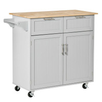 ROLLING KITCHEN ISLAND WITH STORAGE DRAWERS, MODERN KITCHEN CART WITH RUBBER WOOD TOP, CABINET &amp; TOWEL RACK, GREY