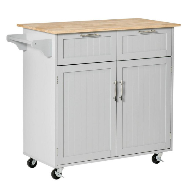 ROLLING KITCHEN ISLAND WITH STORAGE DRAWERS, MODERN KITCHEN CART WITH RUBBER WOOD TOP, CABINET &amp; TOWEL RACK, GREY in Kitchen & Dining Wares