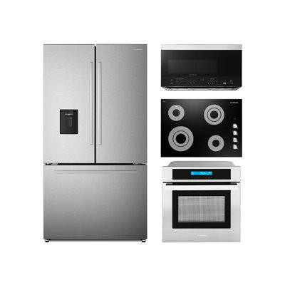 Cosmo 4 Piece Kitchen Package 30" Electric Cooktop 24" Single Electric Wall Oven 30" Over-the-range Microwave & French D in Refrigerators