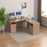 Ebern Designs Wooden L-Shaped Desk with Storage, USB Charging Port, Power Outlet, Drawers and Shelf