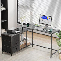 Latitude Run® L Shaped Desk with Power Outlets, Computer Desk with Drawers & Shelves