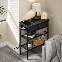 17 Stories Narrow End Table With Charging Station, Black Nightstand With USB Ports And Outlets, Side Table Living Room B