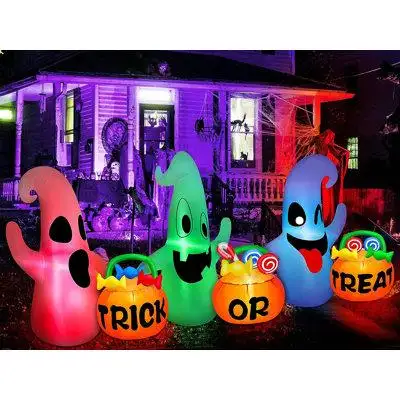 The Holiday Aisle® [ 3 Colours Changing Light ]8 Ft Long Halloween Inflatables Three Ghosts With Pumpkin Candy Bags Hall