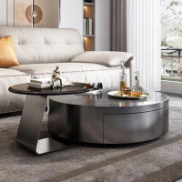 Lilac Garden Tools 31.5" Grey Stone + Solid Wood + Stainless Steel Round Coffee Table