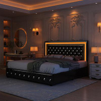 Rosdorf Park LED Bed Frame With 4 Storage Drawers Adjustable Headboard With Smart Control RGBW LED