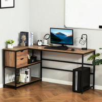 17 Stories L-Shaped Home Offie Computer Desk With Storage Shelves, 2 Dawers And Industrial Steel Frame, Black/Brown
