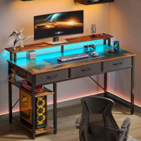 17 Stories Abibatu Rectangle Computer Desk with Shelves, Office Desk with Power Outlets & RGB LED Lights