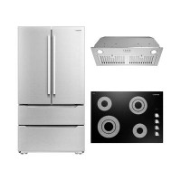 Cosmo 3 Piece Kitchen Package With 30" Electric Cooktop 30" Insert Range Hood & French Door Refrigerator