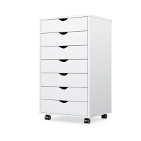 Hokku Designs White Wooden 7-Drawer Chest With Wheels - Mobile Cabinet For Office And Home Organization, Stylish Dresser
