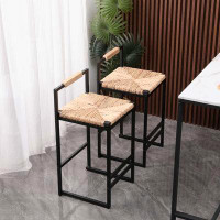 17 Stories Set of 2 Water Hyacinth Woven Bar Stools with Back Support Counter Height Dining Chairs