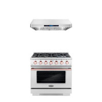 Cosmo 2 Piece Kitchen Package With 36" Freestanding Gas Range With Custom Handle And Knob Kit 36" Under Cabinet Range Ho
