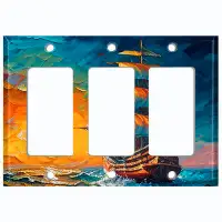WorldAcc Metal Light Switch Plate Outlet Cover (Rustic Sea Ship Boat Sunrise Ocean Art - Triple Rocker)