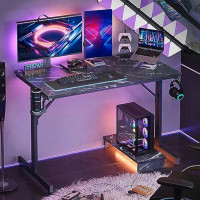 Inbox Zero 42 Inch LED Computer Desk, Gamer Workstation With Cup Holder & Headset Hooks, Modern Simple Style Desk For Ho
