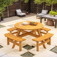 Red Barrel Studio 8-Person Wooden Outdoor Dining Table With 4 Built-In Benches