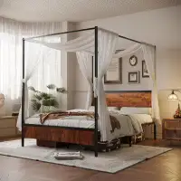 17 Stories Holdolife Queen Size Canopy Bed Frame with Four Poster Design, Industrial Metal Bed with Headboard