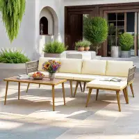 George Oliver Patio Furniture Set with L-Shaped Sofa with 5 Seater, Beige Cushions and Side Table