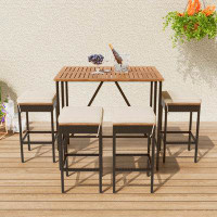 Hokku Designs 5-Piece Outdoor Acacia Wood Bar Height Table And Four Stools With Cushions