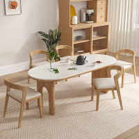 Orren Ellis 4 - Person Oval Stone + Oak Solid Wood Dining Table Set