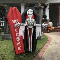 The Holiday Aisle® 6 FT Halloween Inflatables Coffin Skeleton Skull Outdoor Decorations Blow Up Yard With Built-In Leds