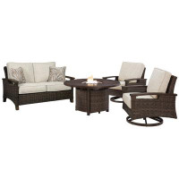 Signature Design by Ashley Paradise Trail Outdoor Loveseat And 2 Lounge Chairs With Fire Pit Table