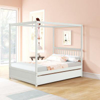 Red Barrel Studio Full Size Canopy Bed With Twin Trundle, Kids Solid Wood Platform Bed Frame W/ Headboard, No Box Spring